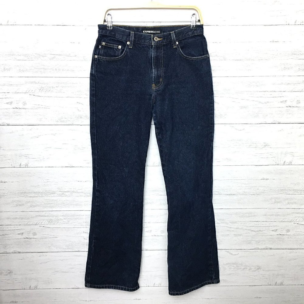 Express Jeans Women's Flare Leg Dark Wash Rigid Cotton size 7/8 length 32"